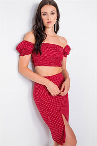 Polka Dot Printed Ruched Crop Top & Midi Skirt Set