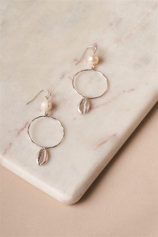 Pearl Silver Cowrie Shell Hoop Drop Earrings