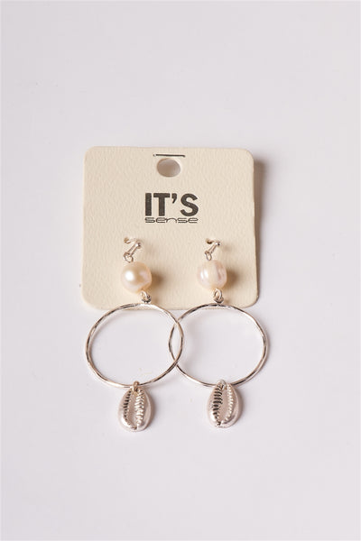 Pearl Silver Cowrie Shell Hoop Drop Earrings