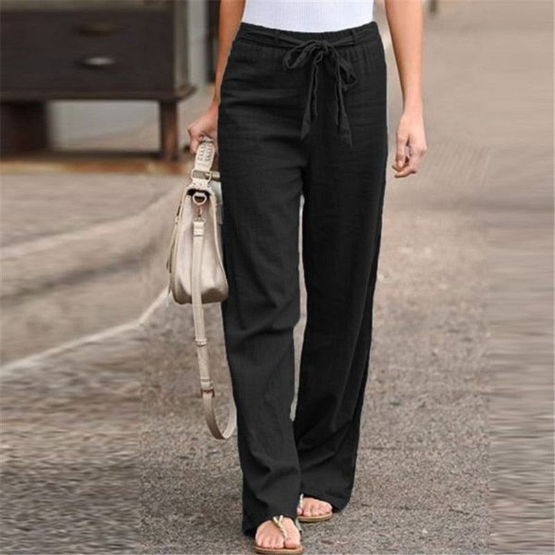 Trendy High Waist Wide Leg Linen Cotton Pants