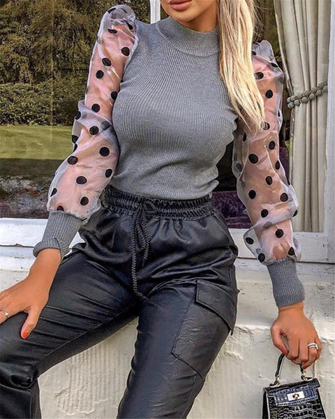 Polka Dot Puff Long Sleeve Sheer Blouse