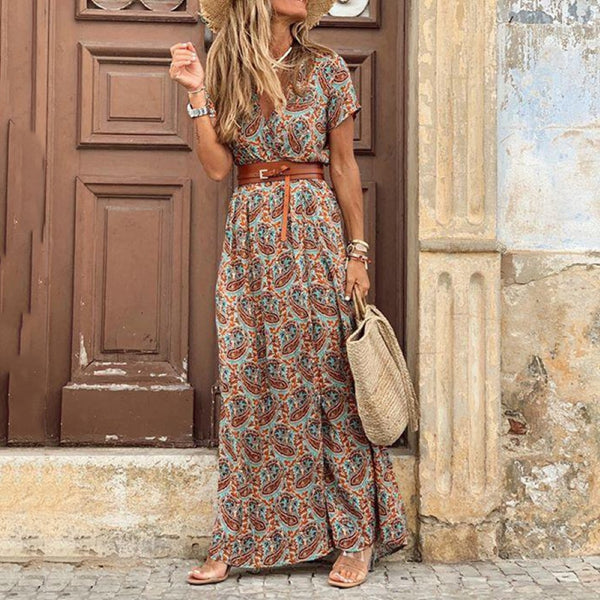 Eliana Maxi Vintage Long Dress with Belt