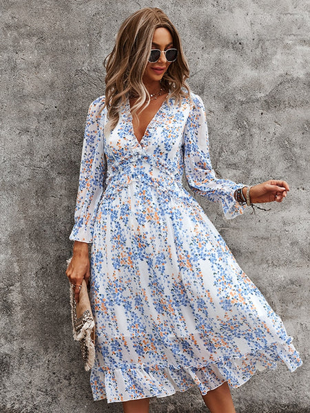 Empire Waist A-Line Floral Print Long Sleeve Dress