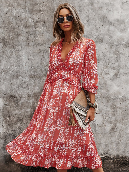 Empire Waist A-Line Floral Print Long Sleeve Dress