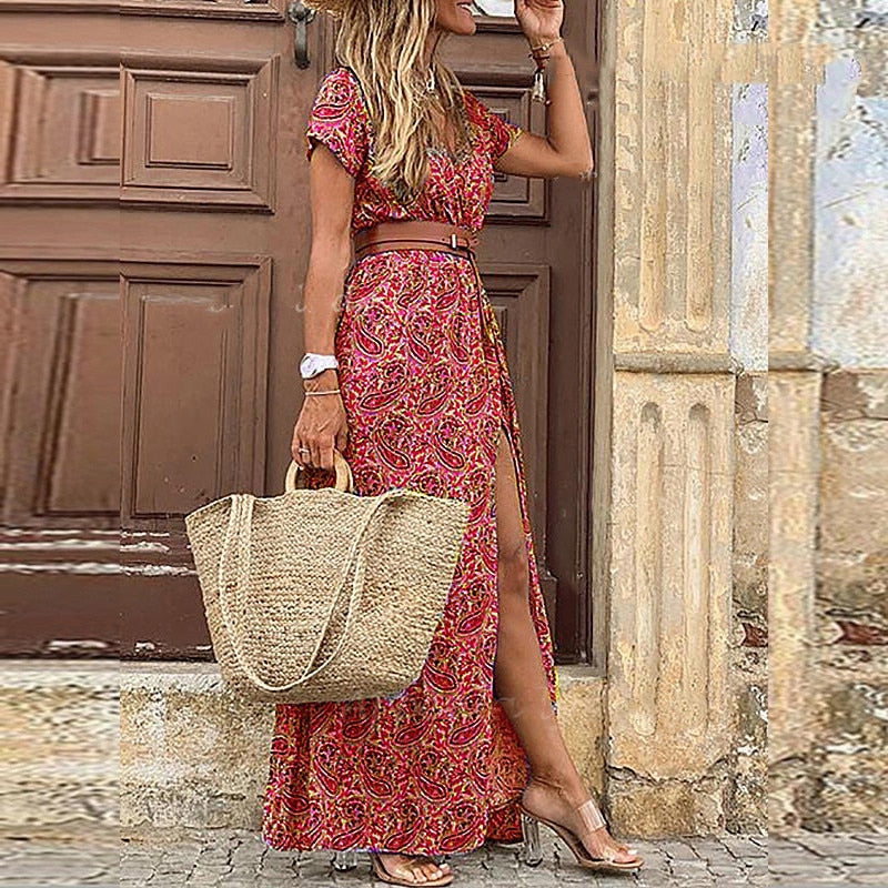 Eliana Maxi Vintage Long Dress with Belt