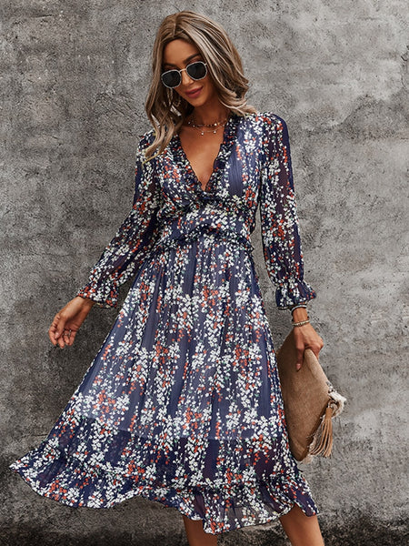 Empire Waist A-Line Floral Print Long Sleeve Dress