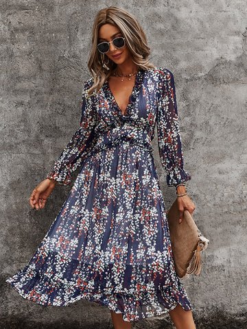 Floral Print V Neck Butterfly Sleeve Casual Dress