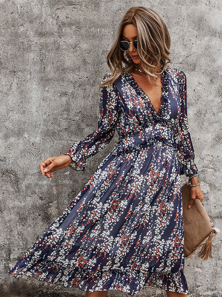 Empire Waist A-Line Floral Print Long Sleeve Dress