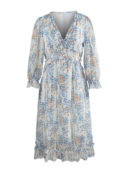 Empire Waist A-Line Floral Print Long Sleeve Dress