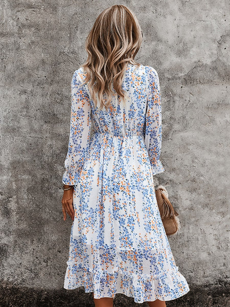 Empire Waist A-Line Floral Print Long Sleeve Dress