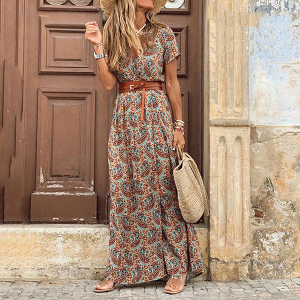 Eliana Maxi Vintage Long Dress with Belt