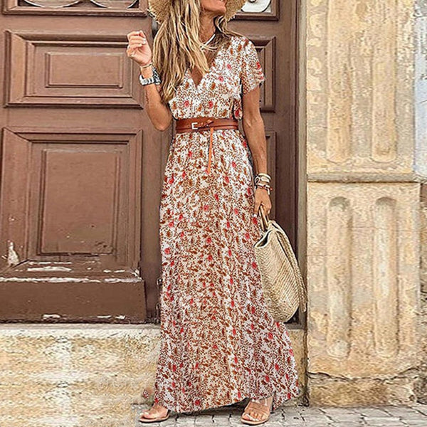 Eliana Maxi Vintage Long Dress with Belt