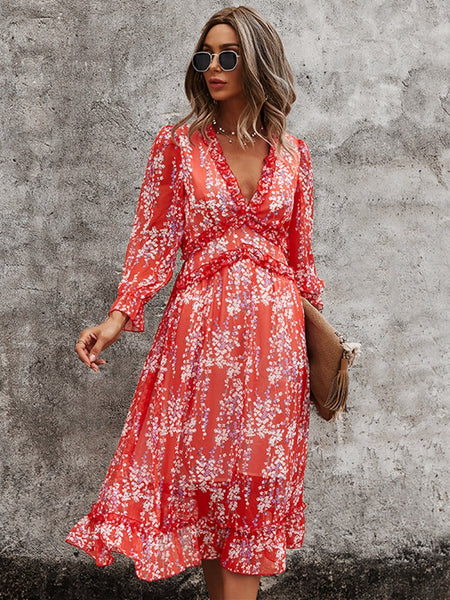 Empire Waist A-Line Floral Print Long Sleeve Dress