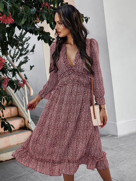 Empire Waist A-Line Floral Print Long Sleeve Dress