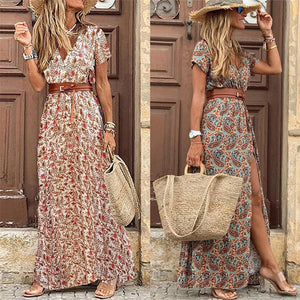 Eliana Maxi Vintage Long Dress with Belt