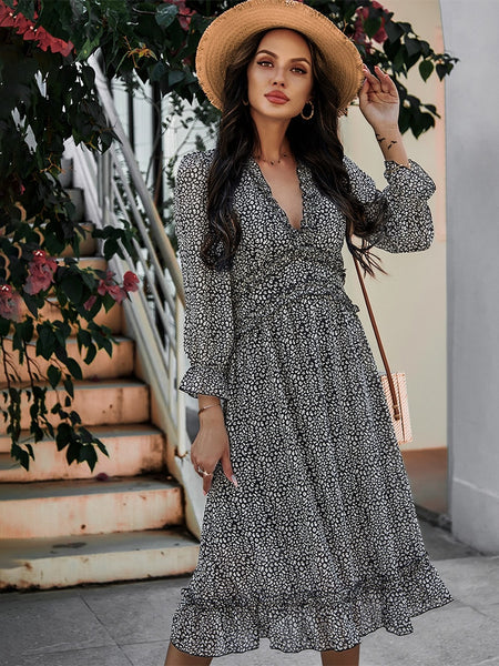 Empire Waist A-Line Floral Print Long Sleeve Dress