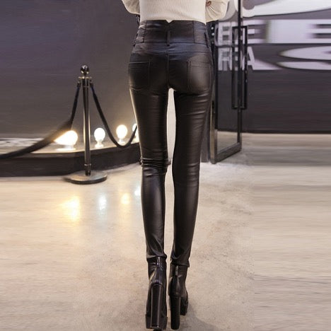 Black Leather Look High Waist Jeggings