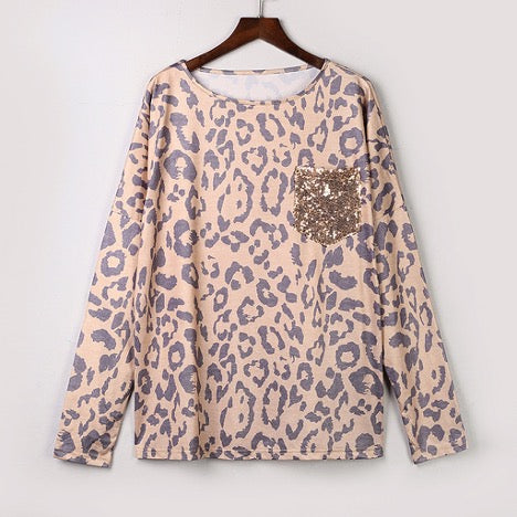 Leopard Print Sequined Pocket Long Sleeve Top