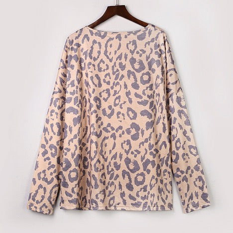 Leopard Print Sequined Pocket Long Sleeve Top