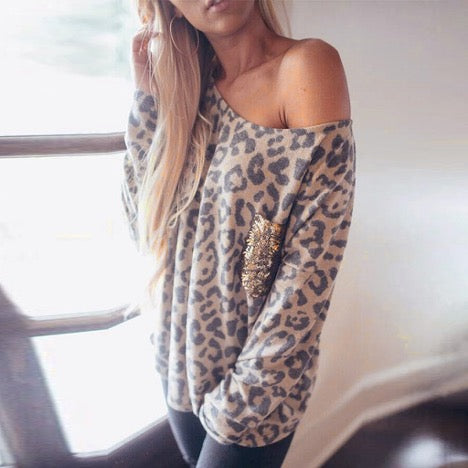 Leopard Print Sequined Pocket Long Sleeve Top