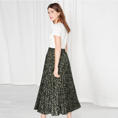 High Waisted A Line Leopard Print Pleated Shirring Midi-Long Skirt