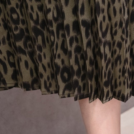 High Waisted A Line Leopard Print Pleated Shirring Midi-Long Skirt