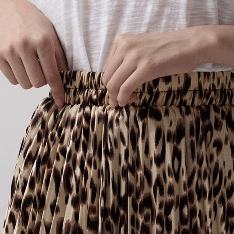 High Waisted A Line Leopard Print Pleated Shirring Midi-Long Skirt