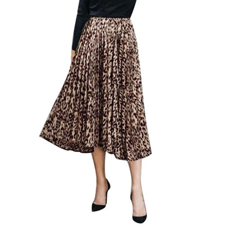 High Waisted A Line Leopard Print Pleated Shirring Midi-Long Skirt