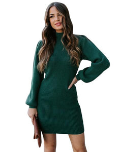 Turtleneck Puff Sleeve Knit Sweater Dress