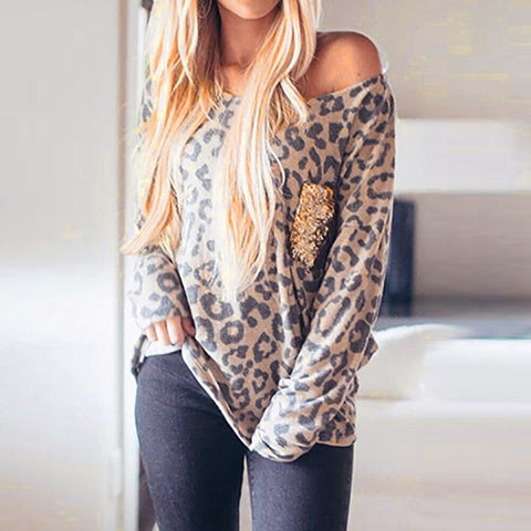Leopard Print Sequined Pocket Long Sleeve Top