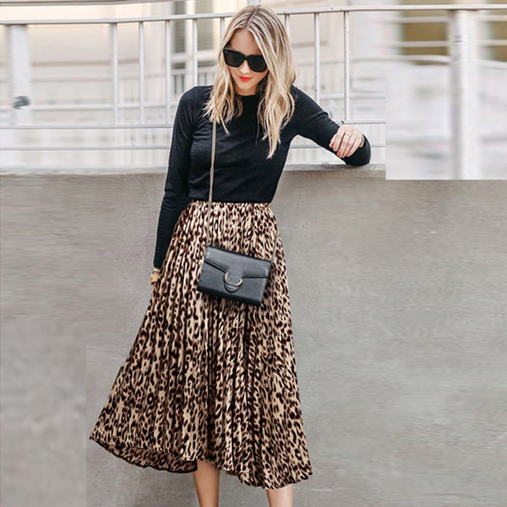 High Waisted A Line Leopard Print Pleated Shirring Midi-Long Skirt ...