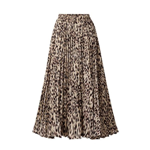 High Waisted A Line Leopard Print Pleated Shirring Midi-Long Skirt