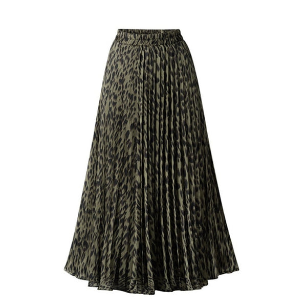 High Waisted A Line Leopard Print Pleated Shirring Midi-Long Skirt