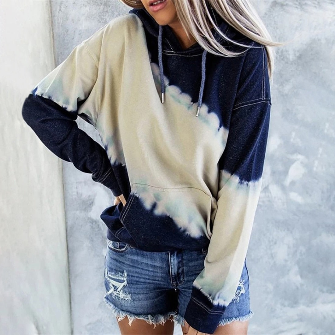 Tie Dye Color Block Drawstring Long Sleeve Hoodie Pullover