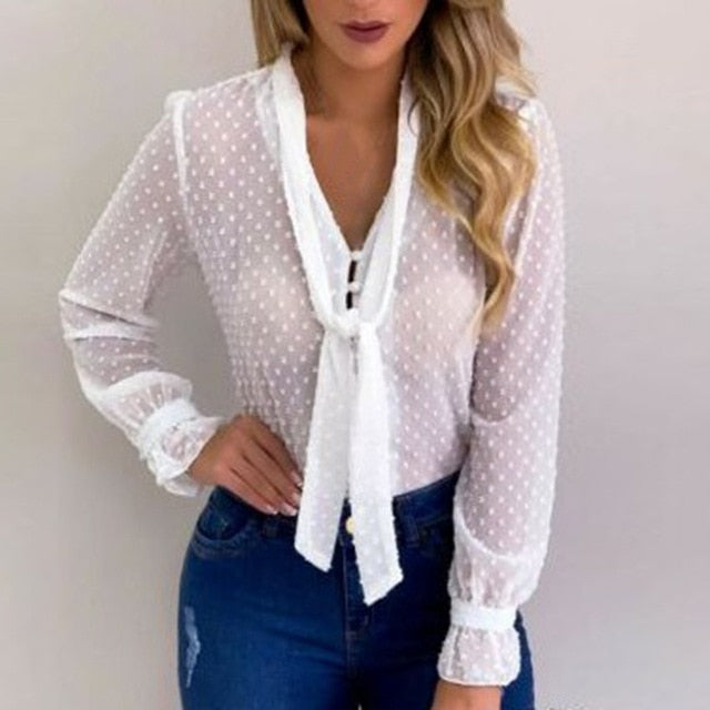 Luella Long Sleeve Polka Dot Tie Neck Blouse