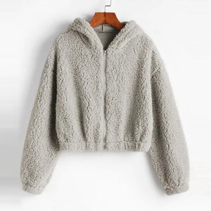 Fluffy Hooded Cropped Zip Up Jacket