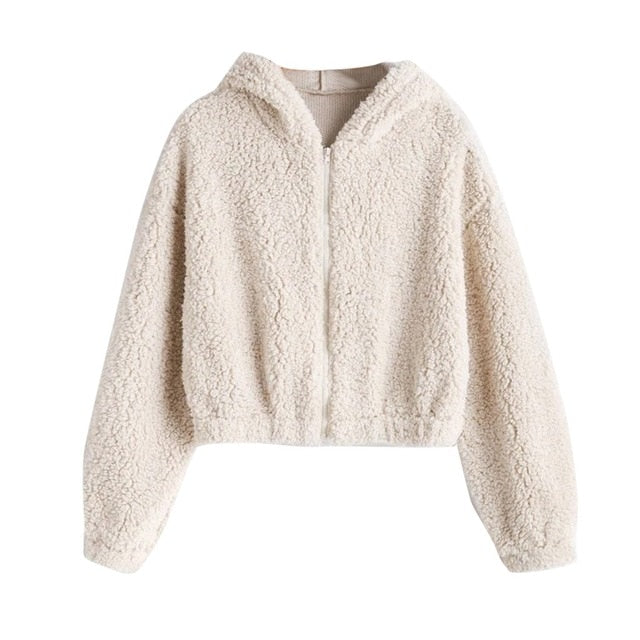 Fluffy Hooded Cropped Zip Up Jacket