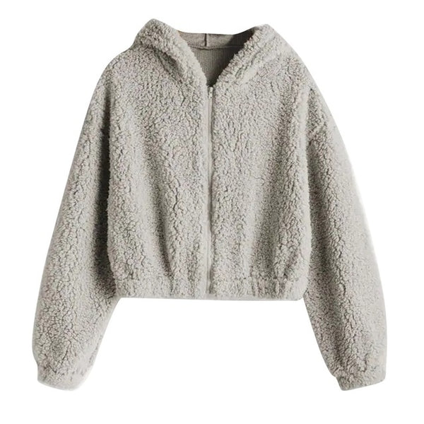 Fluffy Hooded Cropped Zip Up Jacket