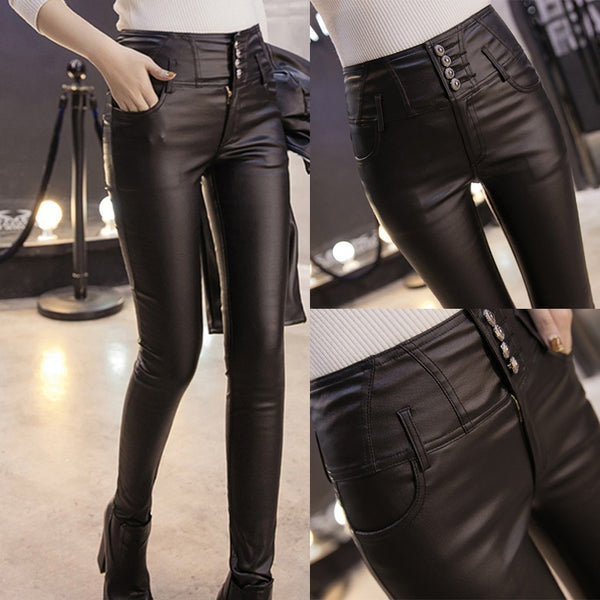 Black Leather Look High Waist Jeggings