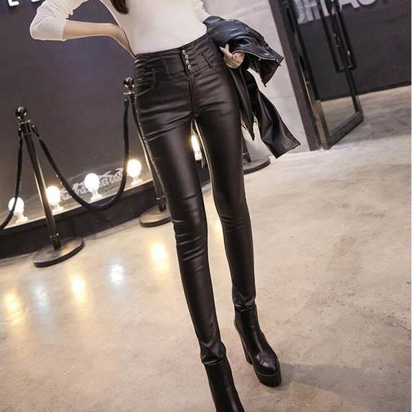 Black Leather Look High Waist Jeggings