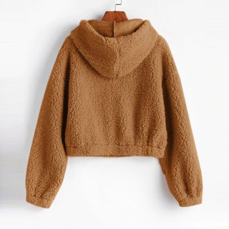 Fluffy Hooded Cropped Zip Up Jacket