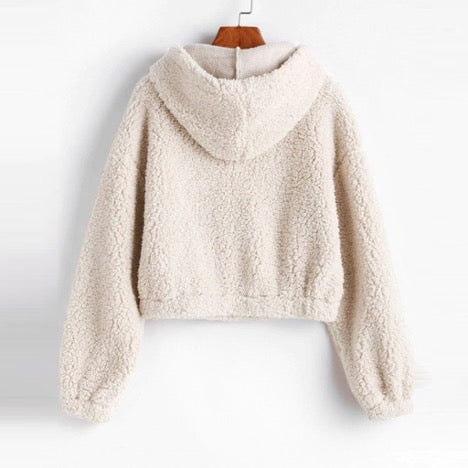 Fluffy Hooded Cropped Zip Up Jacket