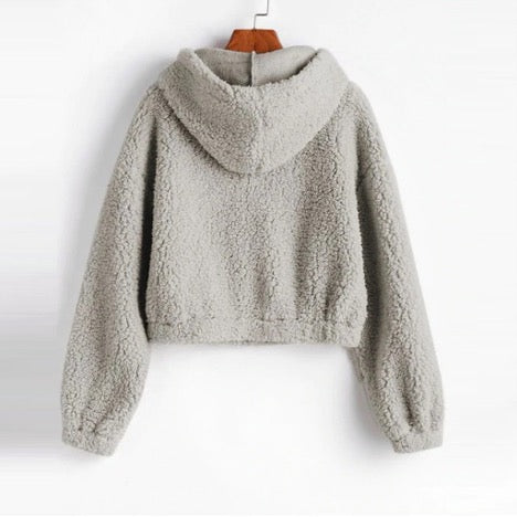 Fluffy Hooded Cropped Zip Up Jacket