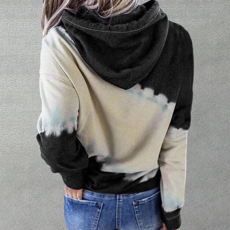 Tie Dye Color Block Drawstring Long Sleeve Hoodie Pullover