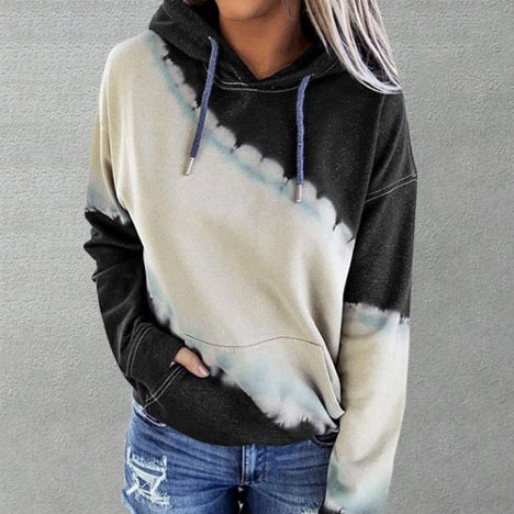 Tie Dye Color Block Drawstring Long Sleeve Hoodie Pullover