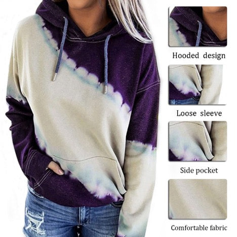 Tie Dye Color Block Drawstring Long Sleeve Hoodie Pullover