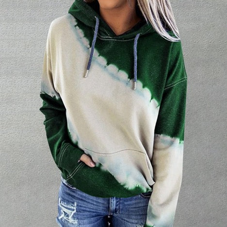 Tie Dye Color Block Drawstring Long Sleeve Hoodie Pullover