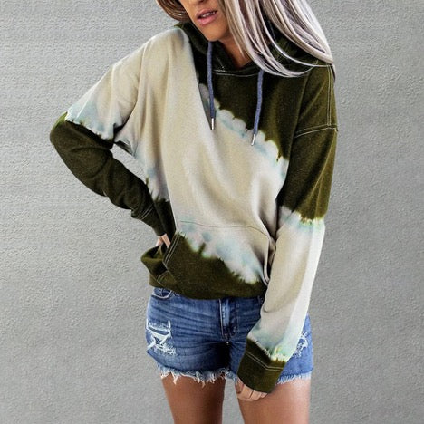 Tie Dye Color Block Drawstring Long Sleeve Hoodie Pullover