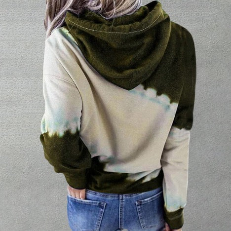 Tie Dye Color Block Drawstring Long Sleeve Hoodie Pullover