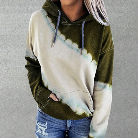 Tie Dye Color Block Drawstring Long Sleeve Hoodie Pullover